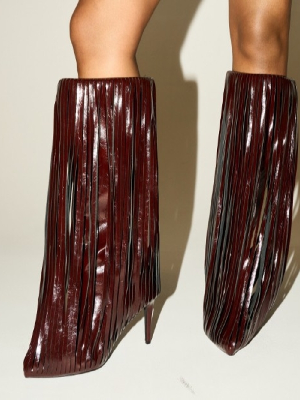 Fringe Knee-High Stiletto Boots in Deep Burgundy